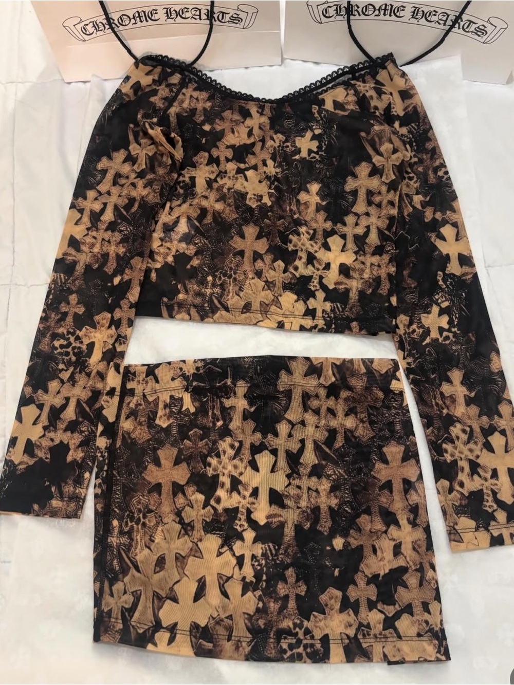 Chrome Hearts Black and Beige Long Sleeve Cropped Top